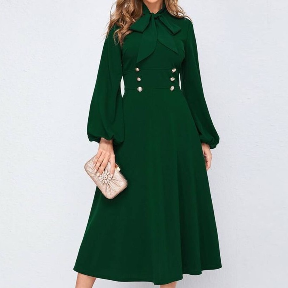 Belle Tie Neck Double Button Detail Lantern Sleeve Dress